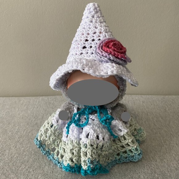 Handmade Crochet White Green Blue Fairy Witch Outfit for 17cm Doll 2-Piece Set - Picture 1 of 7